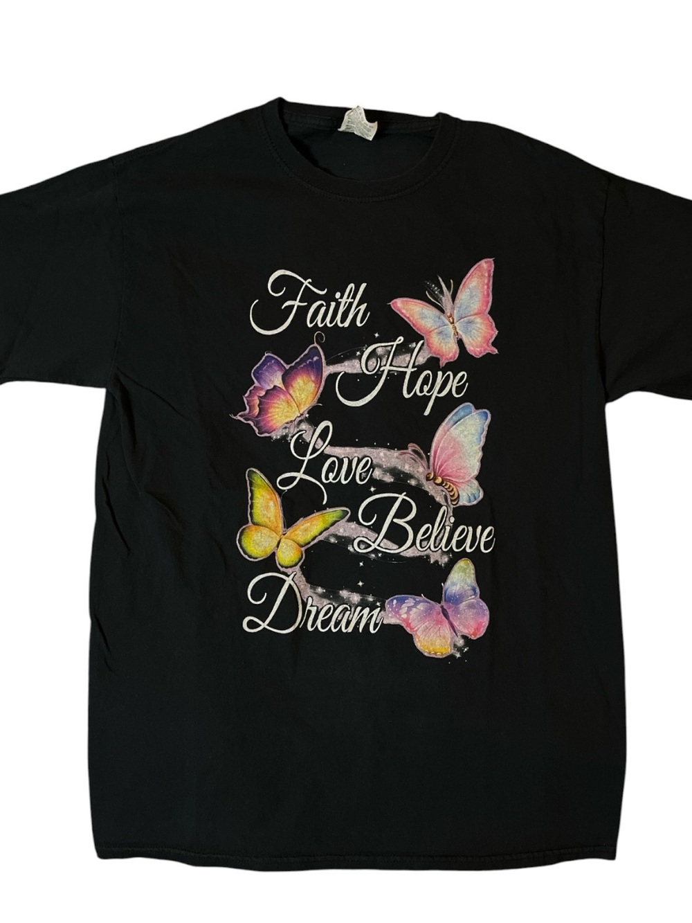 Fruit of the Loom Black Tee with Multicolor Butterfly Print Faith hope love!